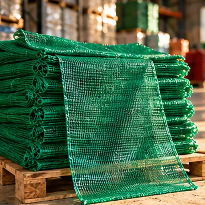 Pila de arpillas chileras verdes sin jareta sobre una tarima en bodega