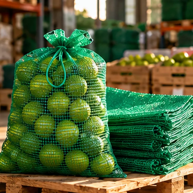 Arpilla limonera verde con jareta, llena de limones, junto a arpillas dobladas
