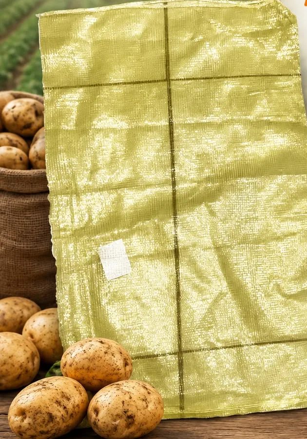 Arpilla papera amarillo brilloso de 57 × 87 cm junto a papa recién cosechada