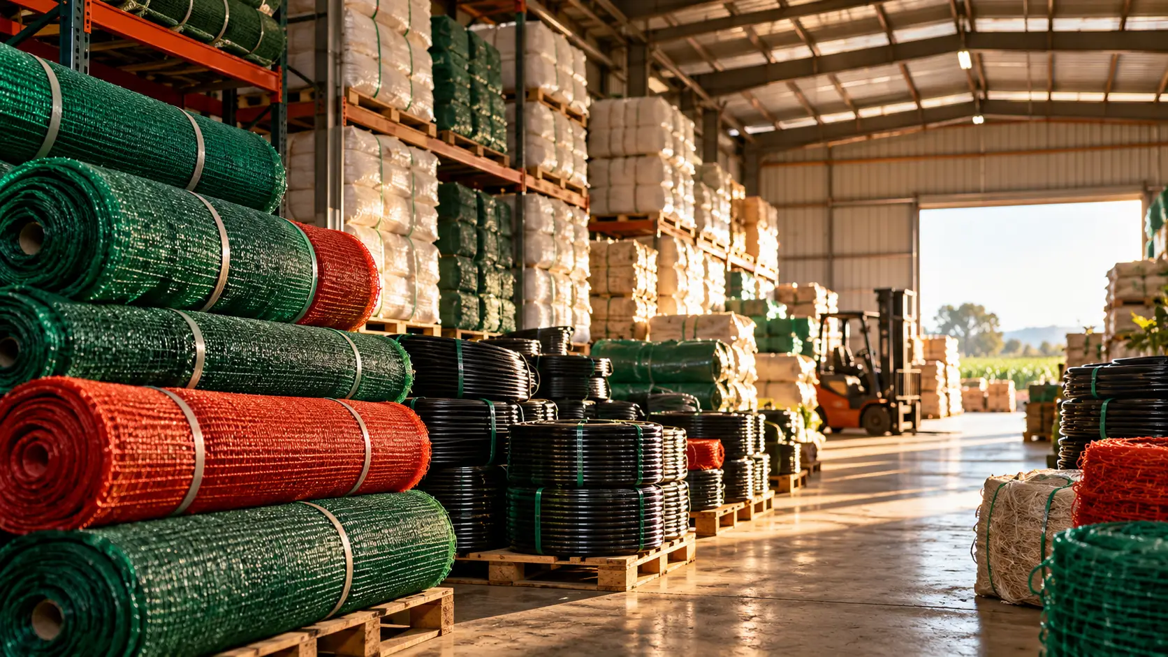 Bodega con rollos de arpilla verde y roja, rollos de cintilla de riego y pacas en tarimas