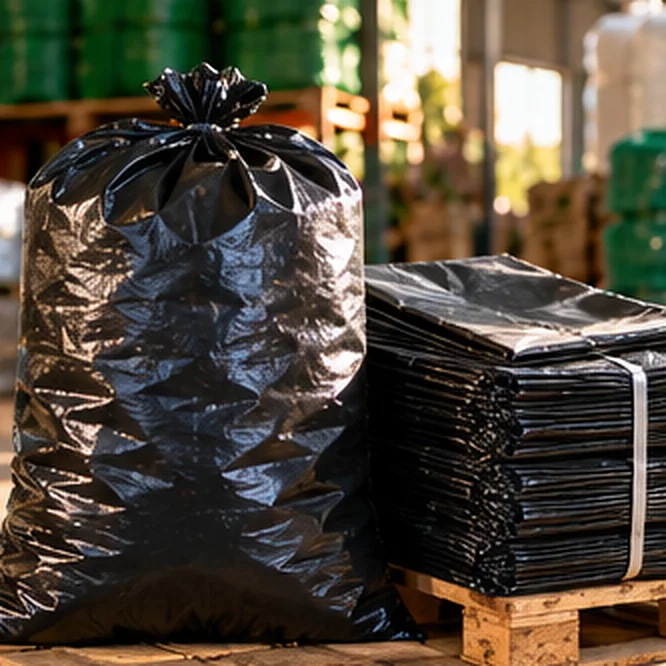 Bolsa negra gruesa llena y cerrada junto a una paca de bolsas dobladas