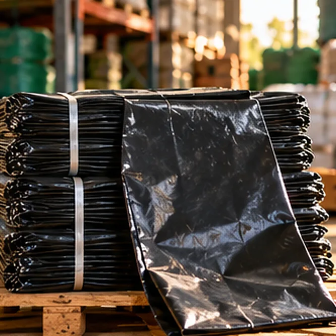 Paca de bolsas negras para silo, dobladas y fletadas sobre una tarima
