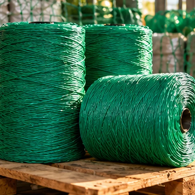 Rollos de hilo de polipropileno verde para espaldera sobre una tarima