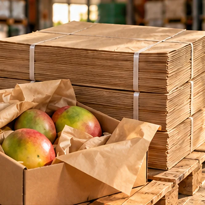 Paca de papel kraft para empaque y una caja con mangos envueltos en papel